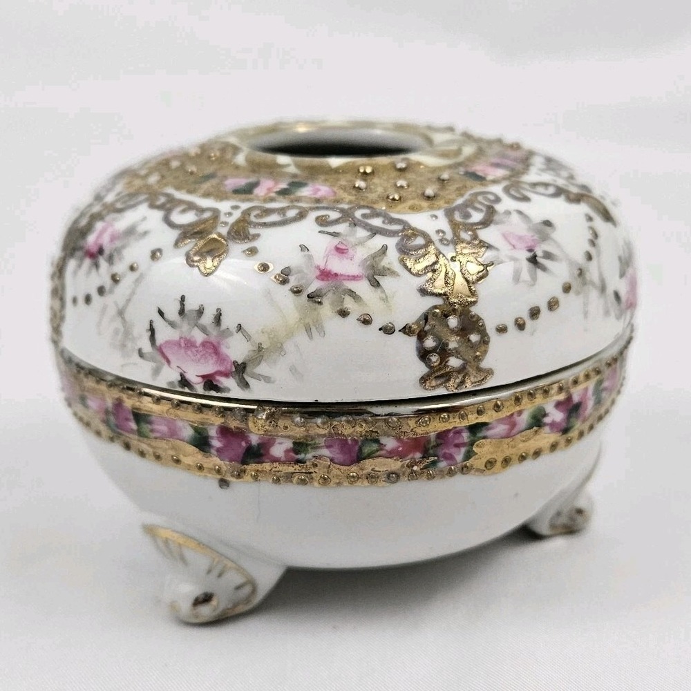 Antique Porcelain Hair Receiver Hand Painted 22k Moriage Trinket Dish Japan